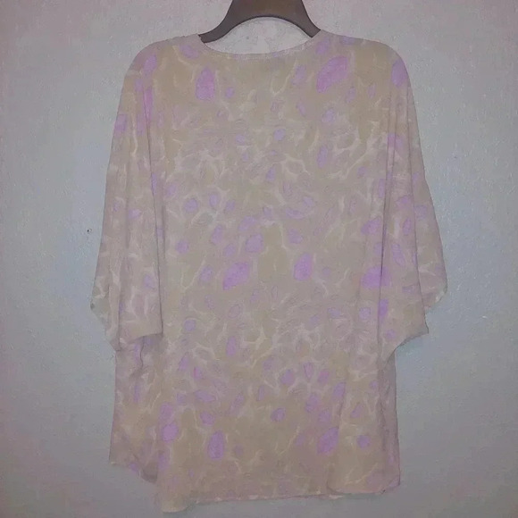 Adrienne PRINT Biege Purple V-Neck PONCHO TUNIC Size Medium Oversized - Picture 2 of 5